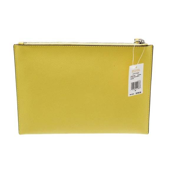 Michael Kors XL Zip Clutch Smooth Leather Signature Logo Checker Wristlet Yellow